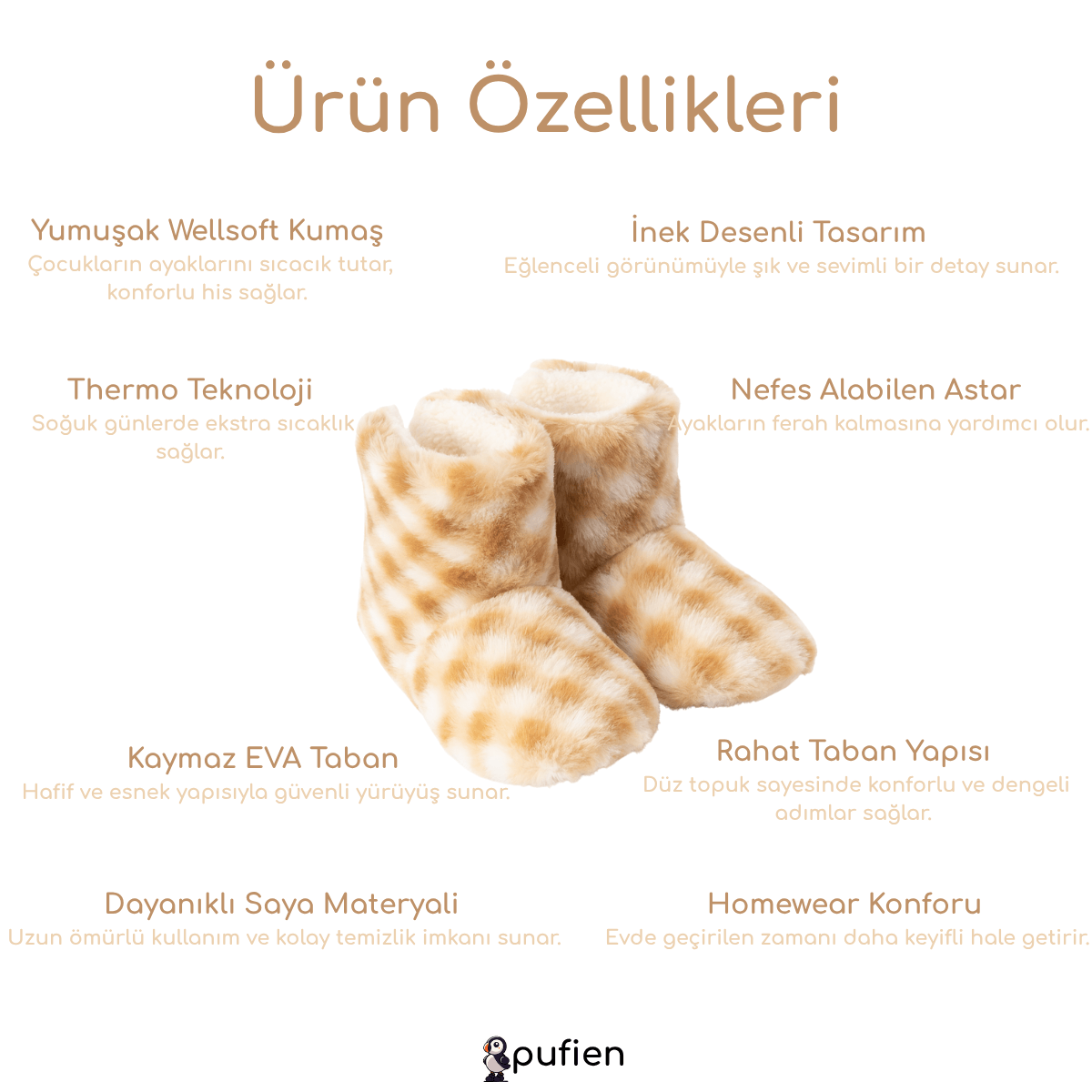 Kışlık Peluş Panduf Bot - Bej | Çocuklar için Ev Botu