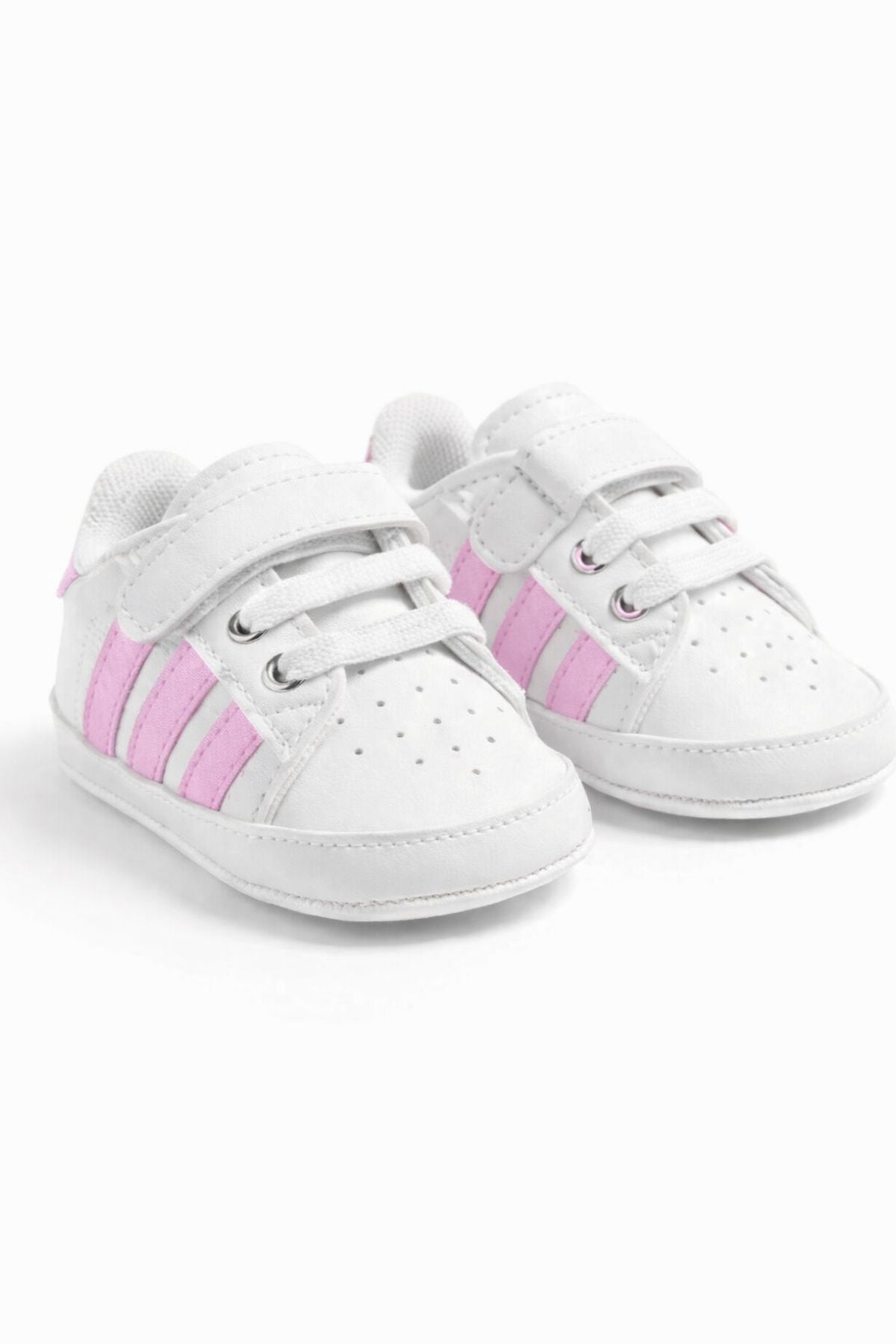 pembe beyaz çizgili cırt cırtlı bebek spor ayakkabı