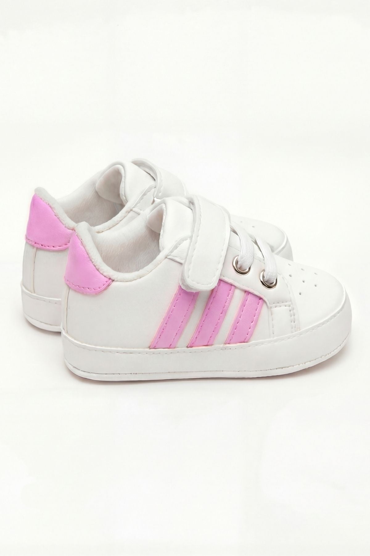 pembe beyaz çizgili cırt cırtlı bebek spor ayakkabı - yandan görünüm