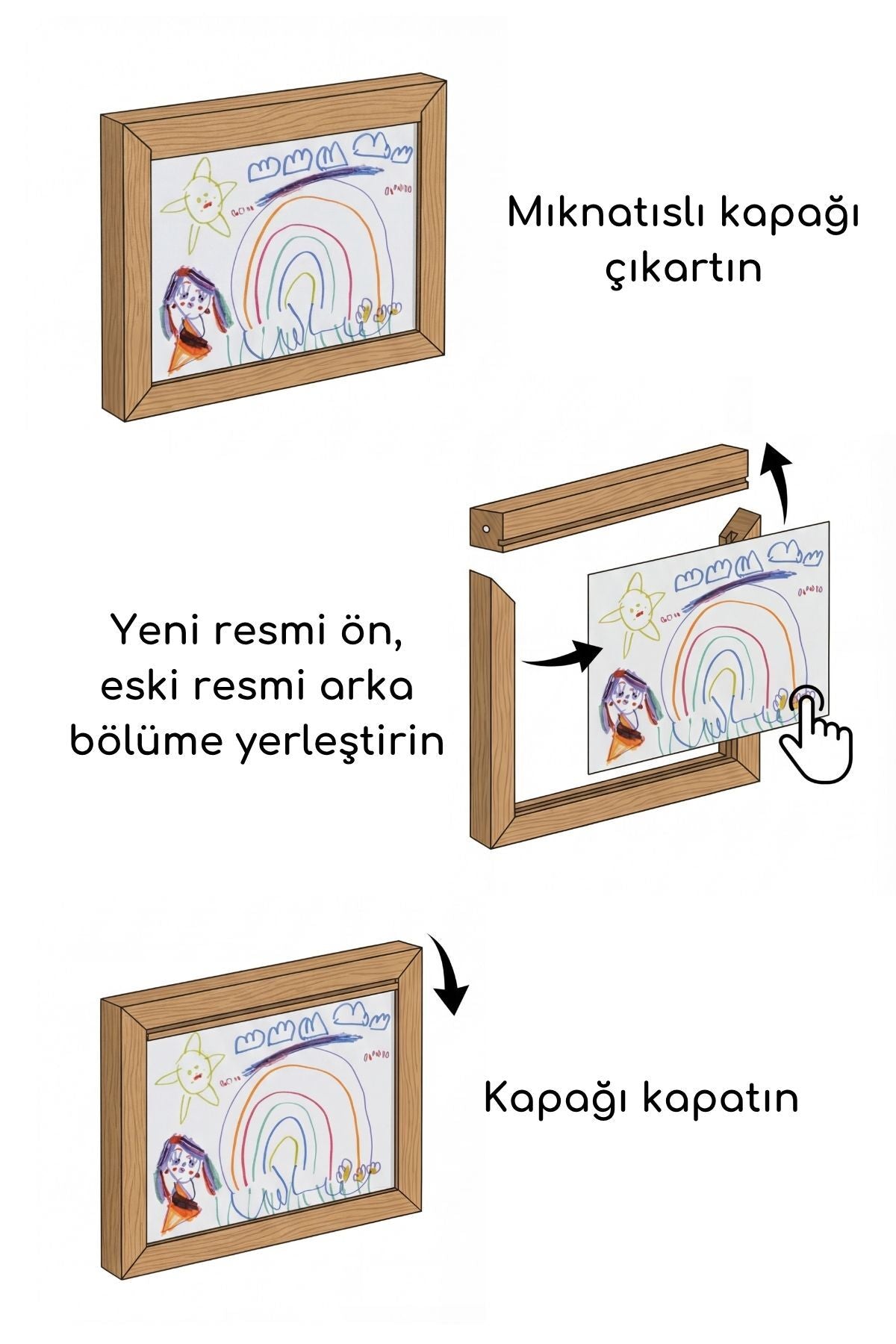 Çocuk Resim Çerçevesi, Resim Saklama Bölmeli, Mıknatıslı Kapaklı, A4 Boyutuna Uygun