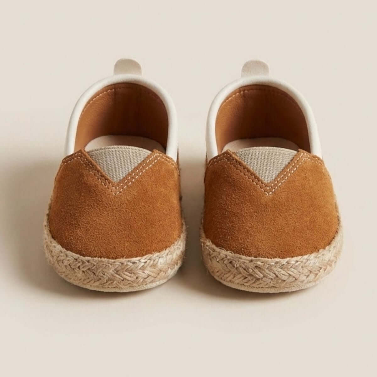 taba süet hasır tabanlı bebek espadril yan görünüm