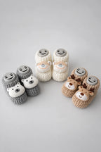 Örgü Patik, Yenidoğan Bebek Patiği, Peluş Hayvan Figürlü Triko Panduf, 3lü set - Maymun-Ayı-Geyik 3'lü Set