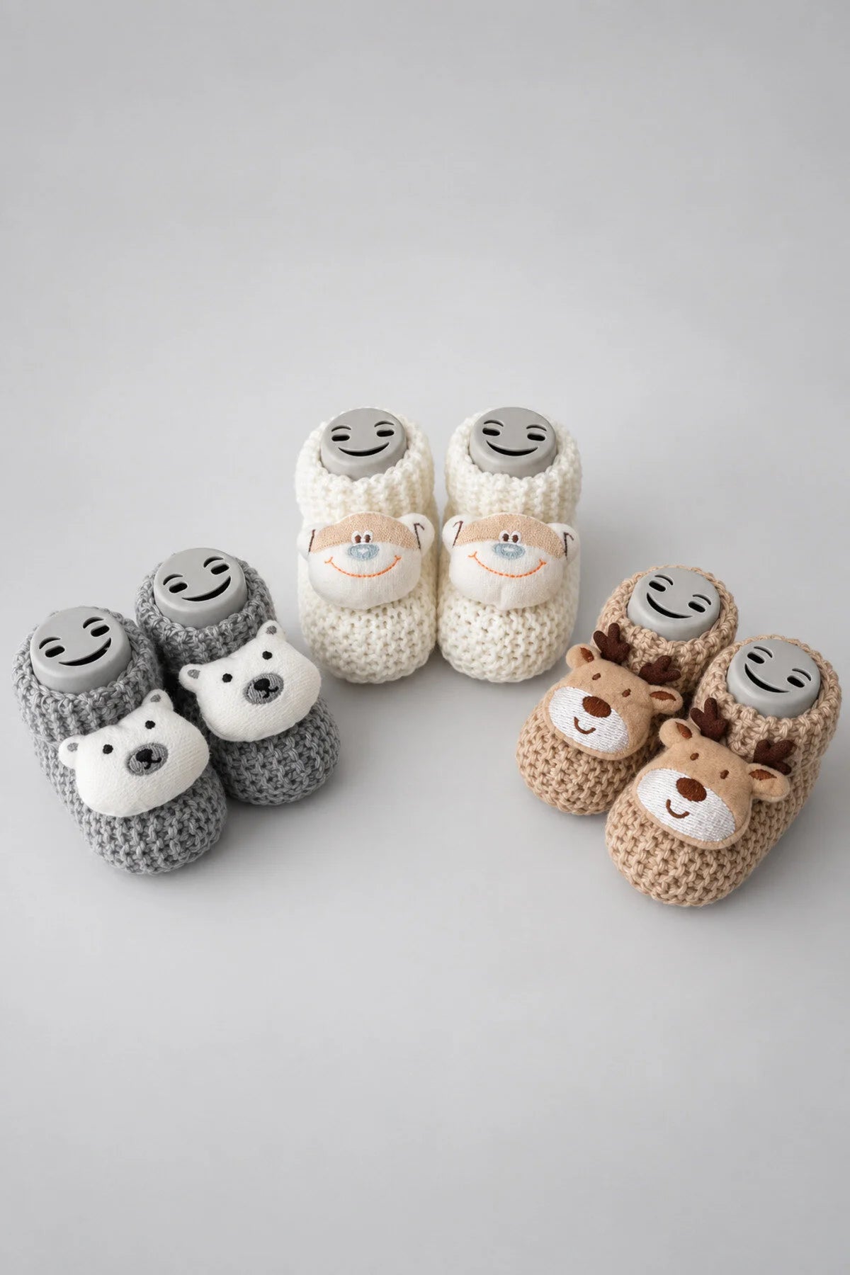 Örgü Patik, Yenidoğan Bebek Patiği, Peluş Hayvan Figürlü Triko Panduf, 3lü set - Maymun-Ayı-Geyik 3'lü Set