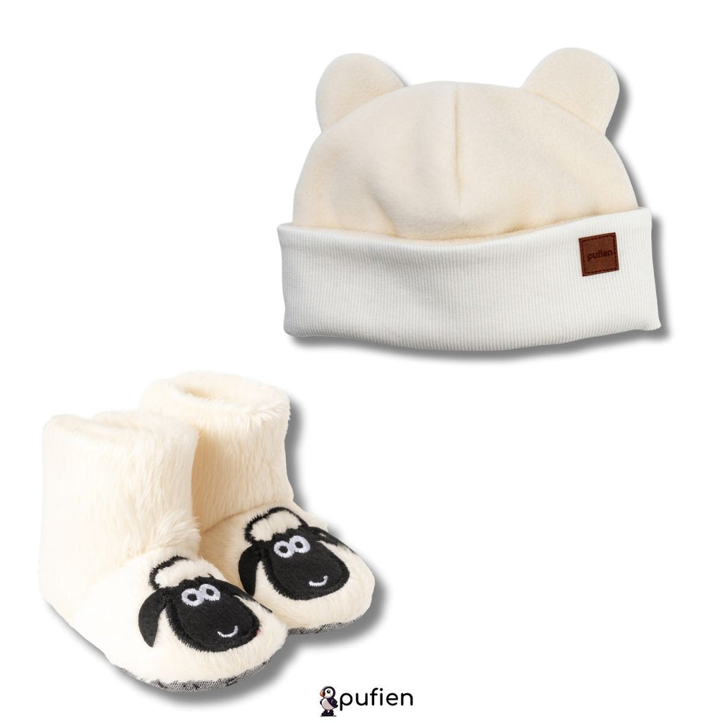 Beyaz Bere & Kuzu Desenli Beyaz Nakışlı Ev Botu