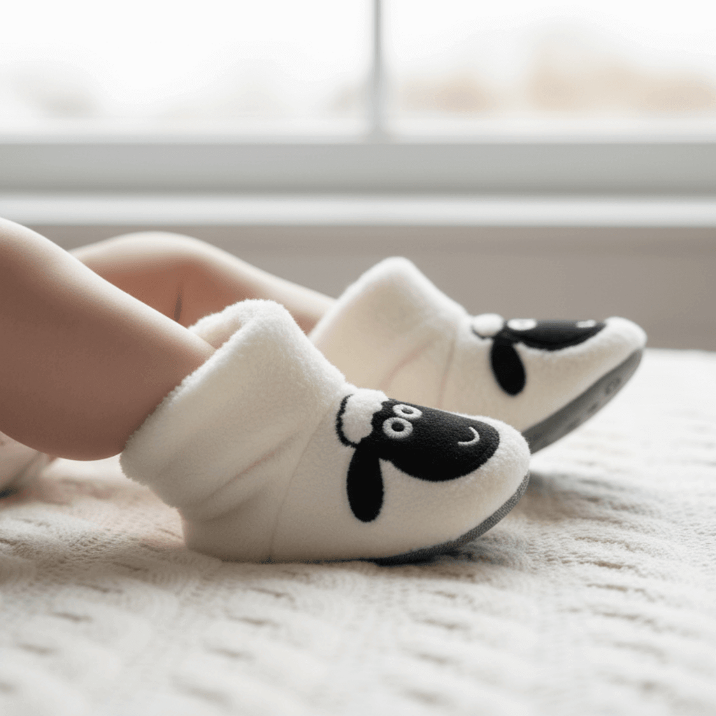 Çocuklar için beyaz peluş ev botu, kuzu motifli nakışlı