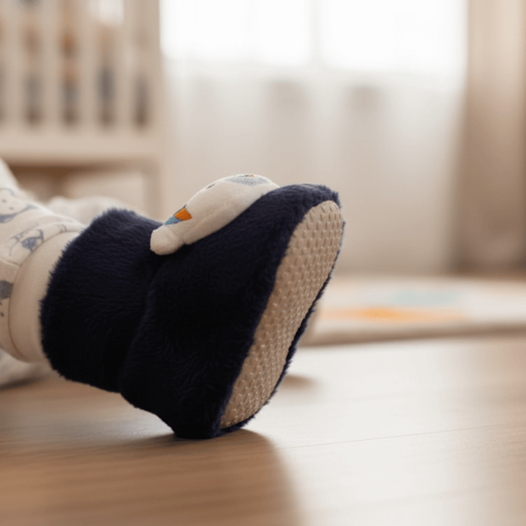 Lacivert renk ayıcık desenli peluş bot, çocuk ev botu