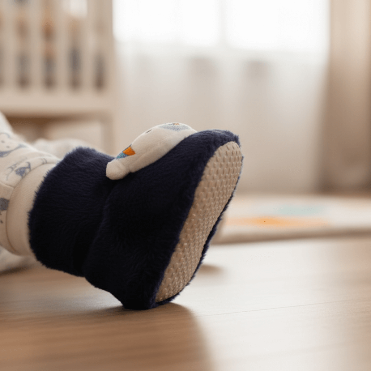 Lacivert renk ayıcık desenli peluş bot, çocuk ev botu