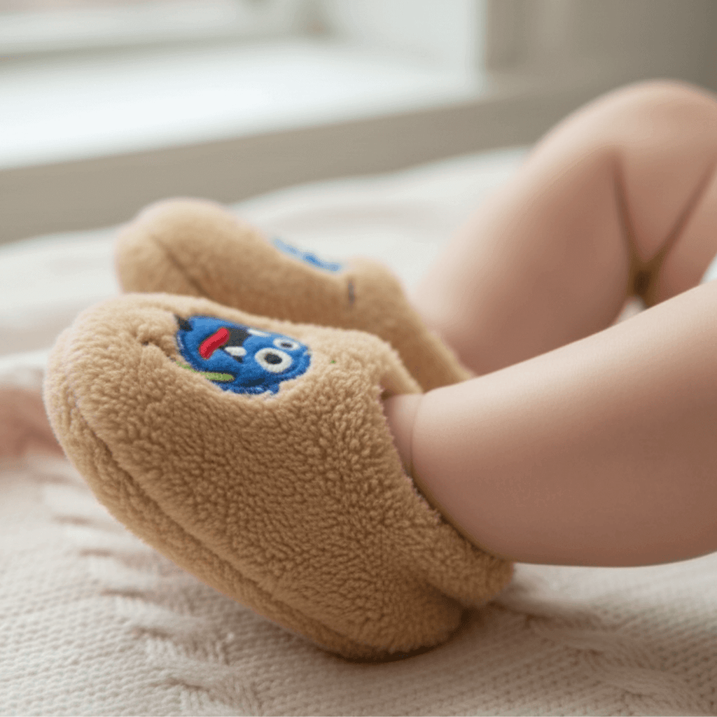 Çocuklar için bej peluş ev patiği, mikrop desenli