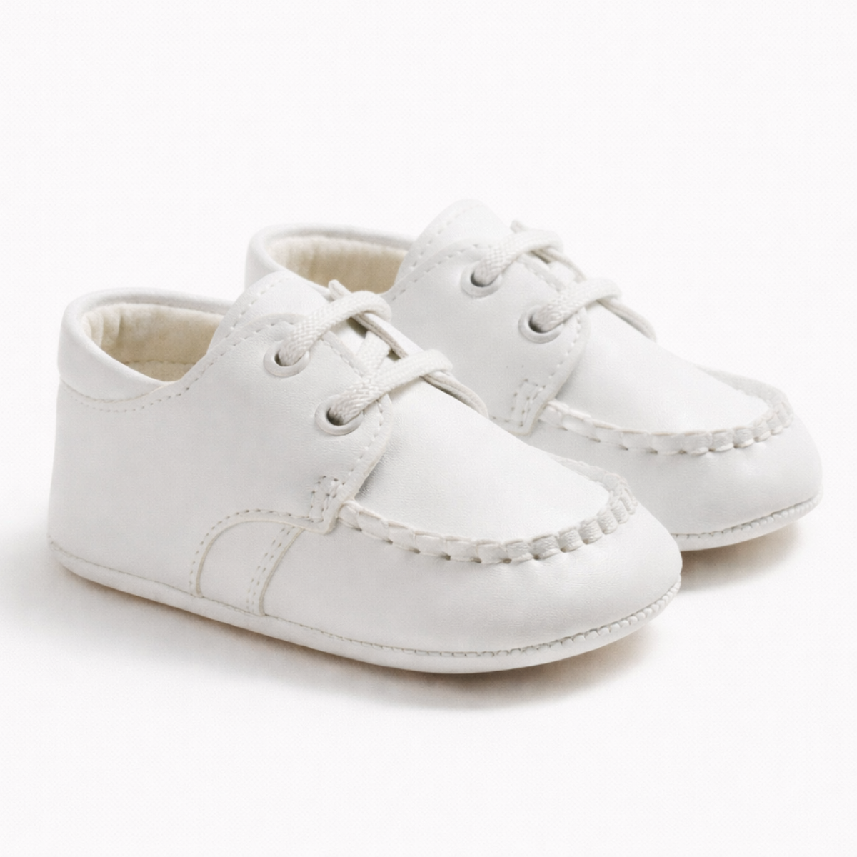 Suni Deri Bağcıklı Bebek Ayakkabısı Beyaz Ön Görünüm