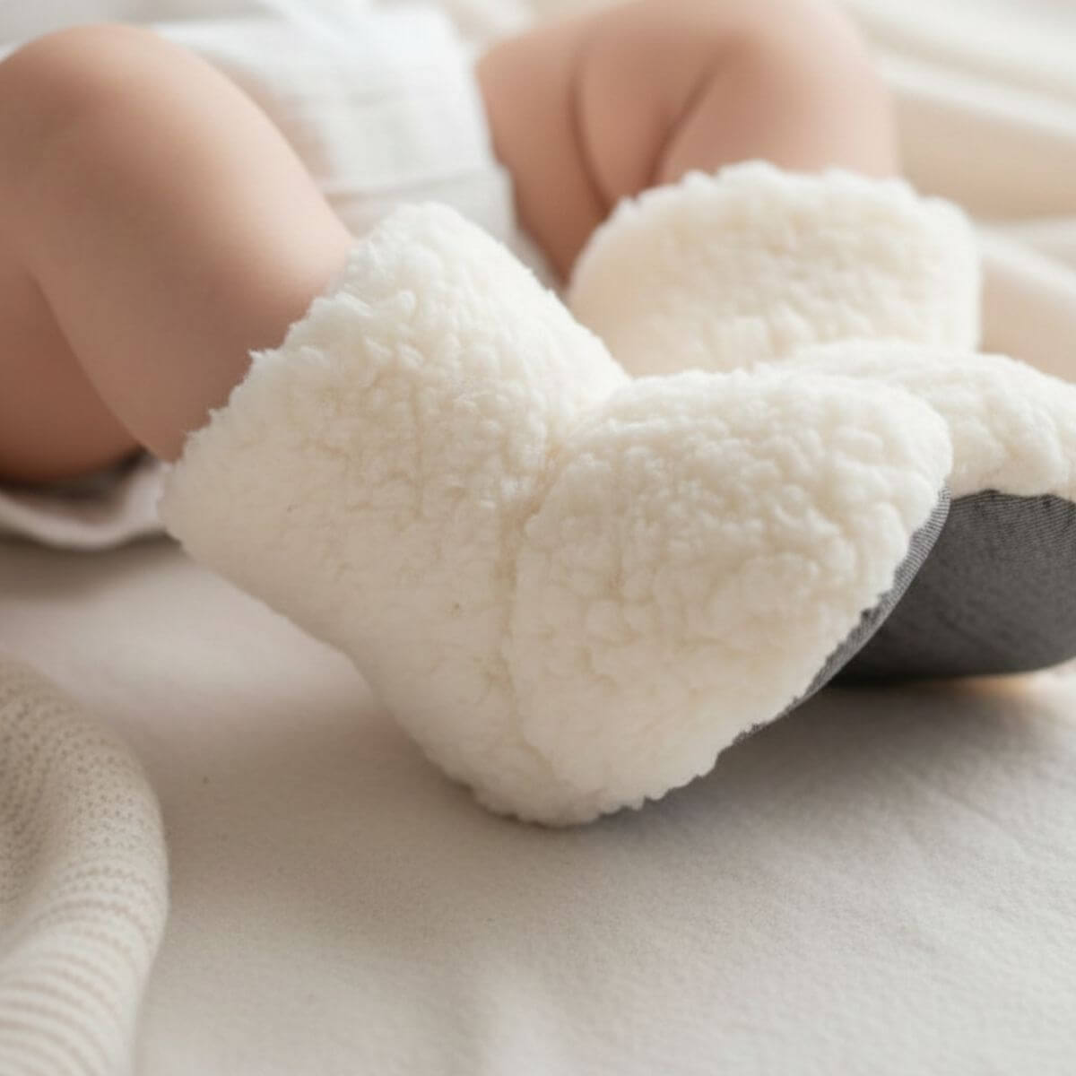 Beyaz Kuzu Kumaşı Peluş Ev Botu Yumuşak Doku Detayı