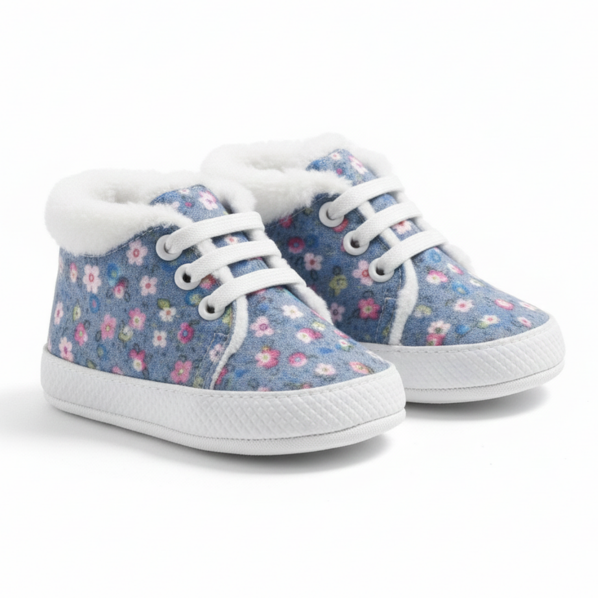 Gül Desenli Kumaş Bebek Ayakkabısı Mavi Ön Görünüm