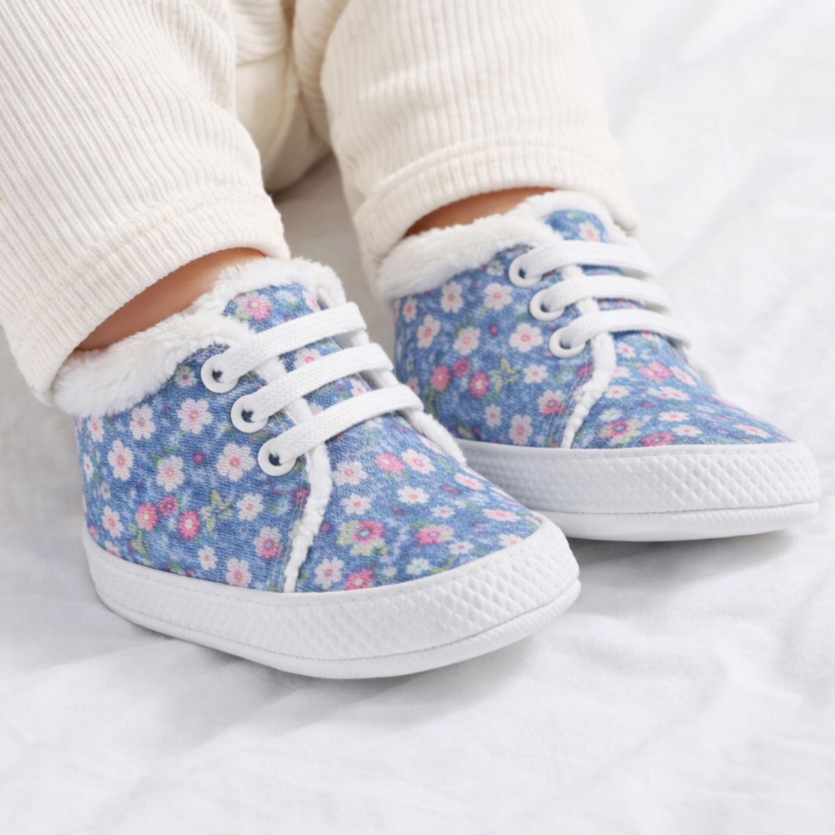 Mavi Gül Desenli Kumaş Bebek Ayakkabısı Bebek Ayağında Kullanım