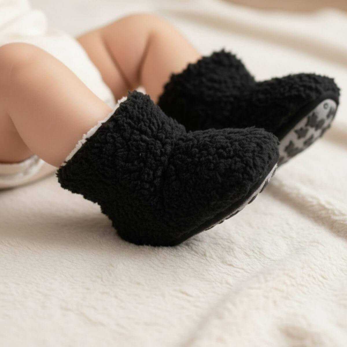 Siyah Kuzu Kumaşı Peluş Ev Botu Bebek Ayağında Kullanım