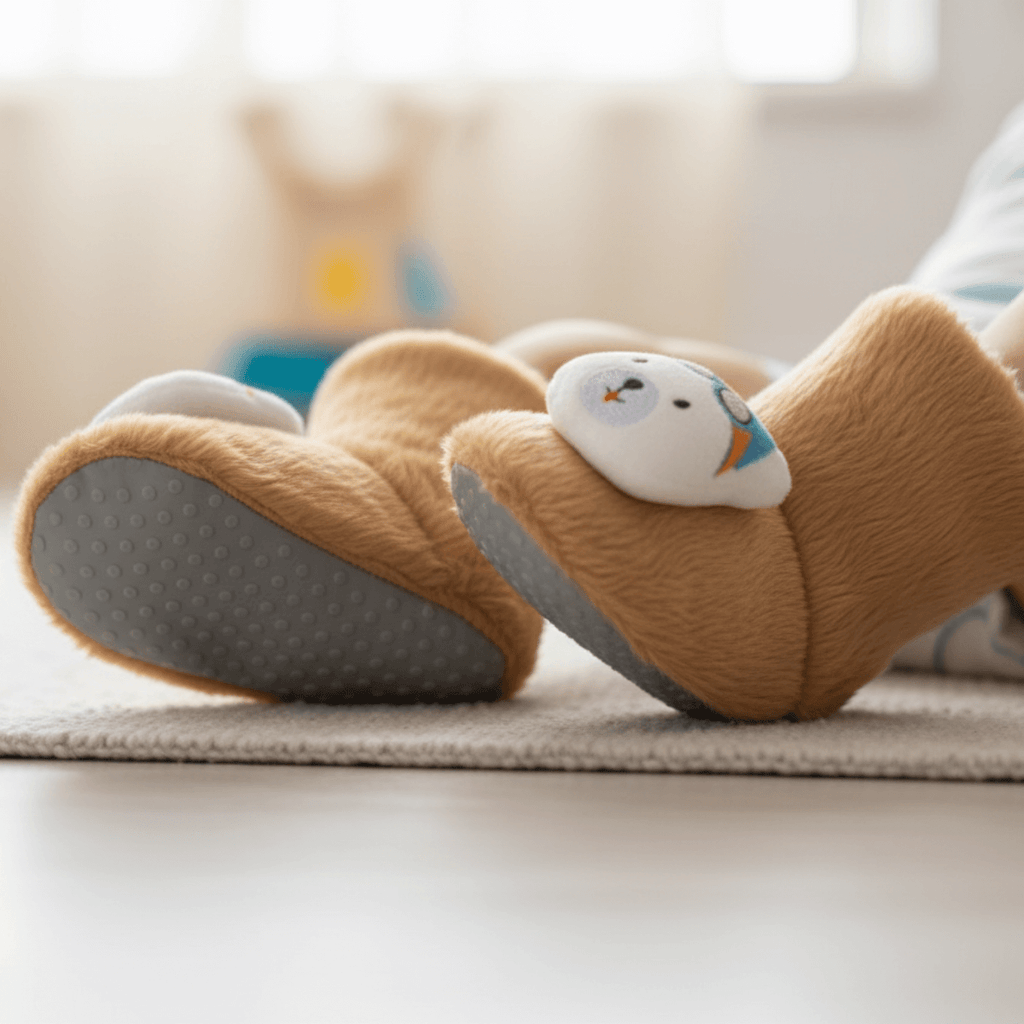 Bej renk ayıcık desenli peluş bot, çocuk ev botu
