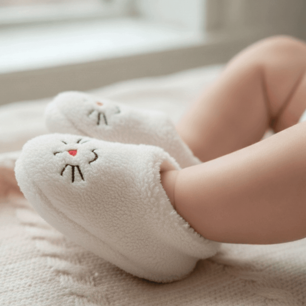 Çocuklar için beyaz peluş ev patiği, kedi motifli