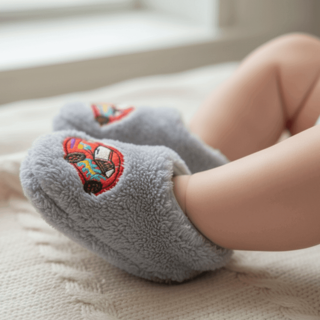 Çocuklar için gri peluş ev patiği, araba motifli