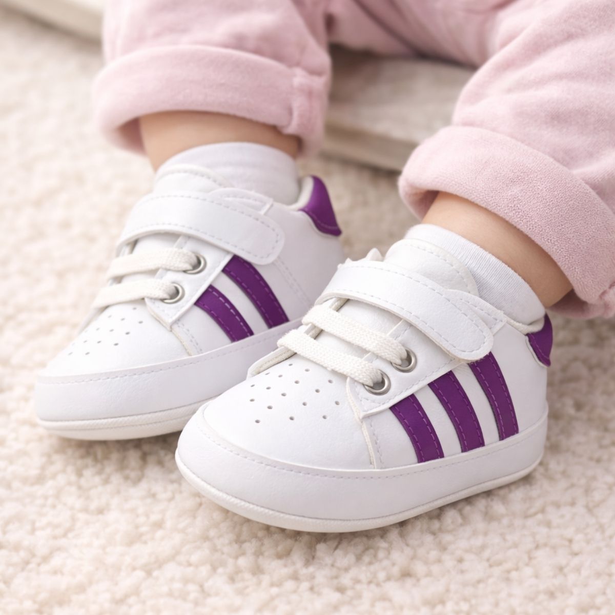 Mor Beyaz Çizgili Cırt Cırtlı Bebek Spor Ayakkabı - bebek ayağında