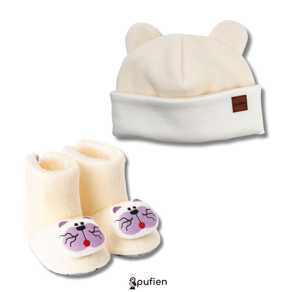 Beyaz Bere & Kedicik Desenli Peluş Bot