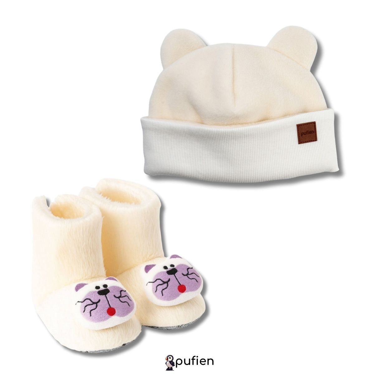 Beyaz Bere & Kedicik Desenli Peluş Bot