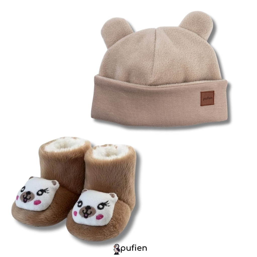 Bej Bere & Panda Desenli Peluş Bot ikili takım