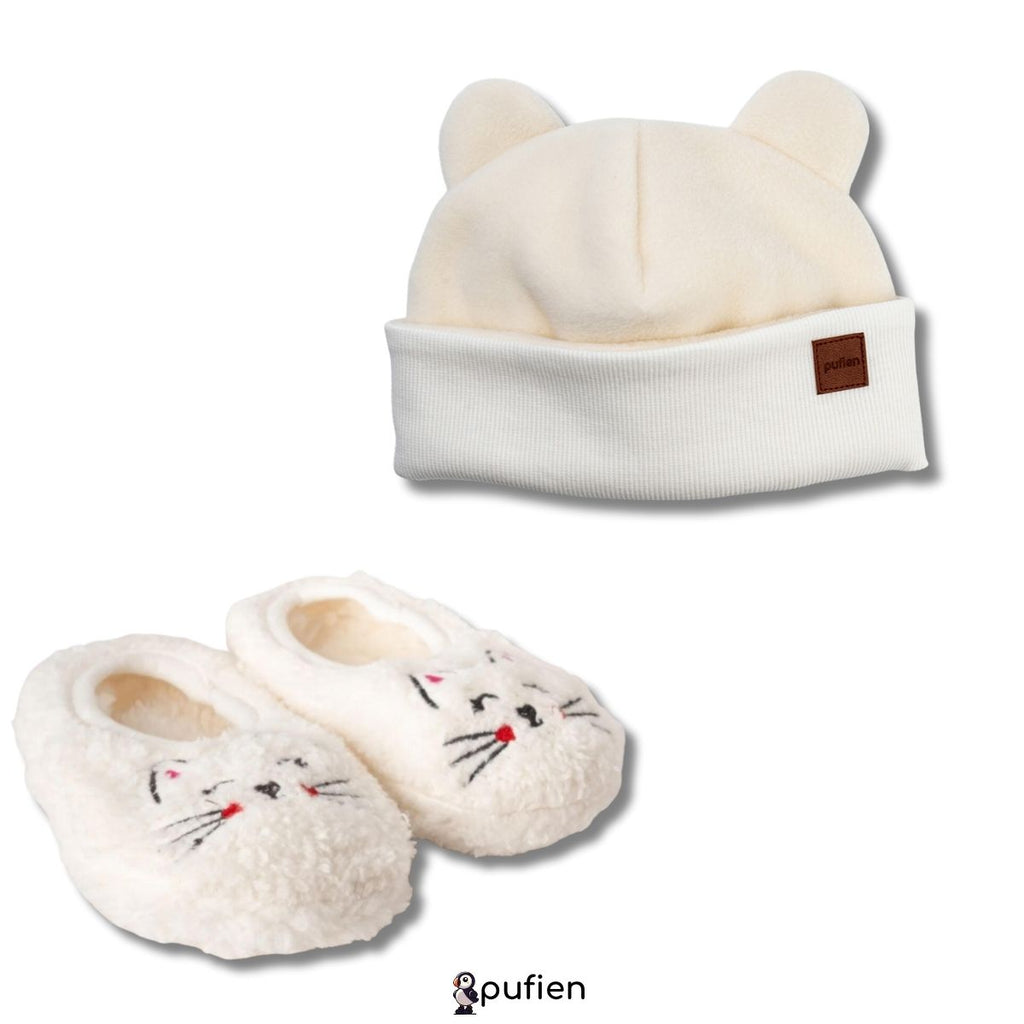 Beyaz Bere & Kedi Desenli Wellsoft Peluş Ev Patiği