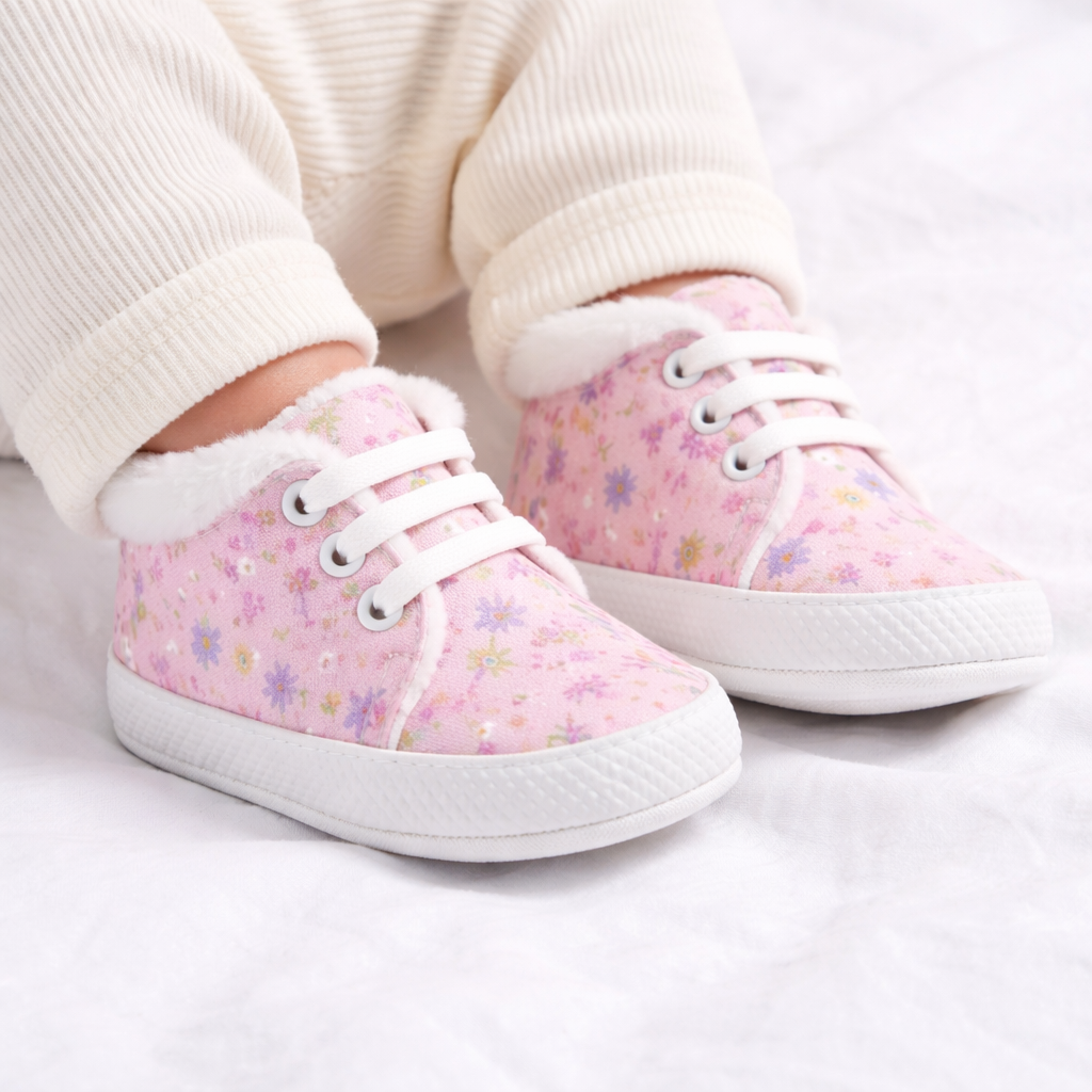 Pembe Gül Desenli Kumaş Bebek Ayakkabısı Bebek Ayağında Kullanım