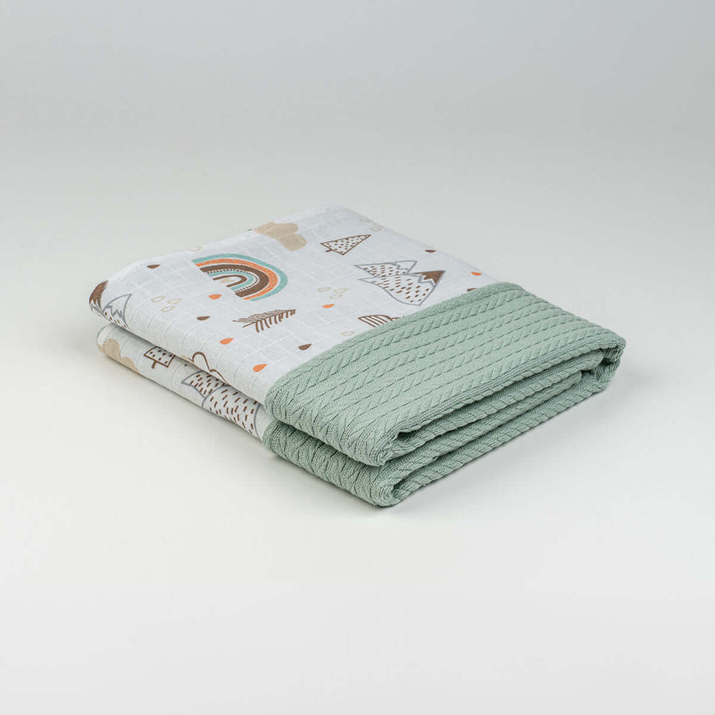 Katlanmış yeşil gökkuşağı dağ desenli örgü örtü, 90x90 cm