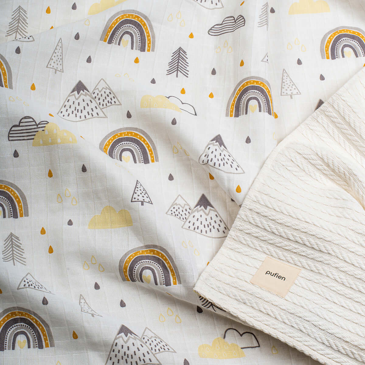 Ekru bebek örgü battaniyesi, gökkuşağı ve dağ desenli pamuklu kumaş
