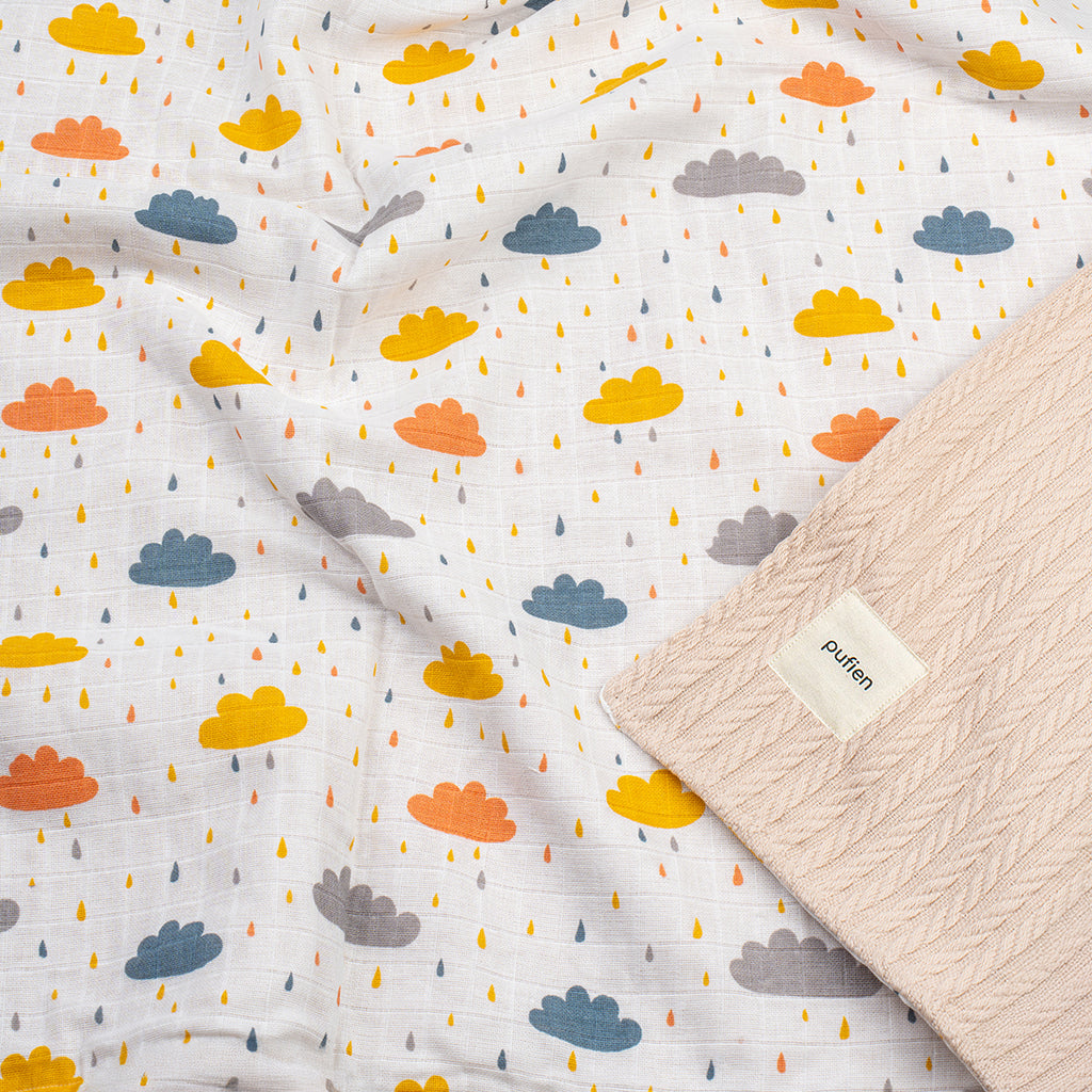 Bej turuncu örgü örtü, bulut desenli detay