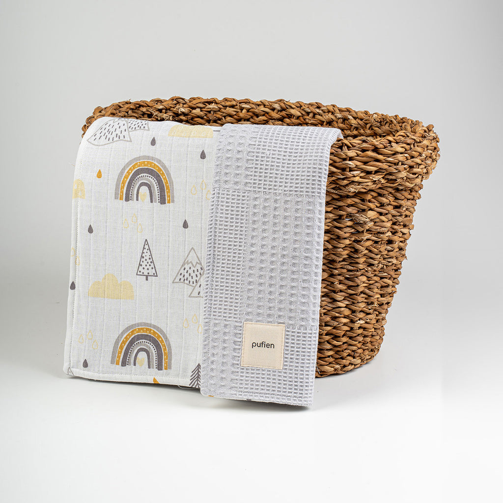 Dağ ve gökkuşağı desenli gri waffle örtü