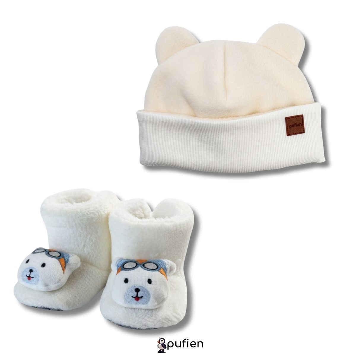 Beyaz Bere & Ayıcık Desenli Peluş Bot