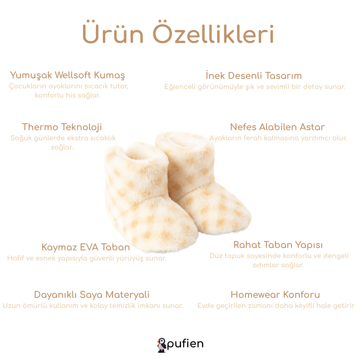 Kışlık Peluş Panduf Bot - Bej | Çocuklar için Ev Botu