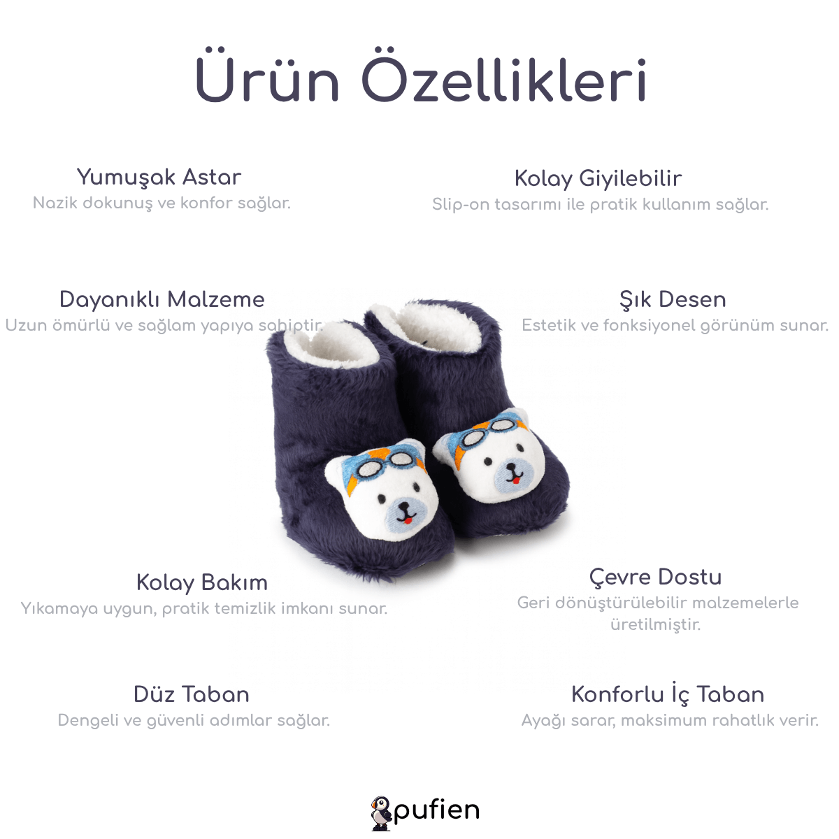 Ayıcık Desenli Lacivert Peluş Bot | Çocuklar için Ev Botu