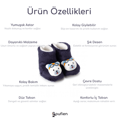 Ayıcık Desenli Lacivert Peluş Bot | Çocuklar için Ev Botu