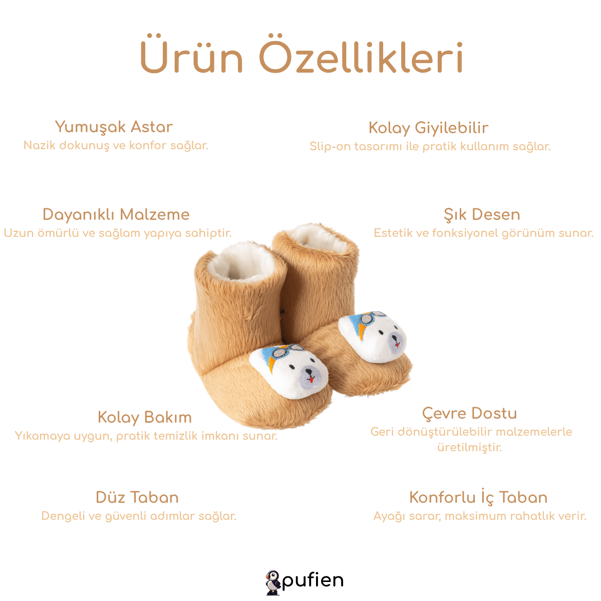 Ayıcık Desenli Bej Peluş Bot | Çocuklar için Ev Botu