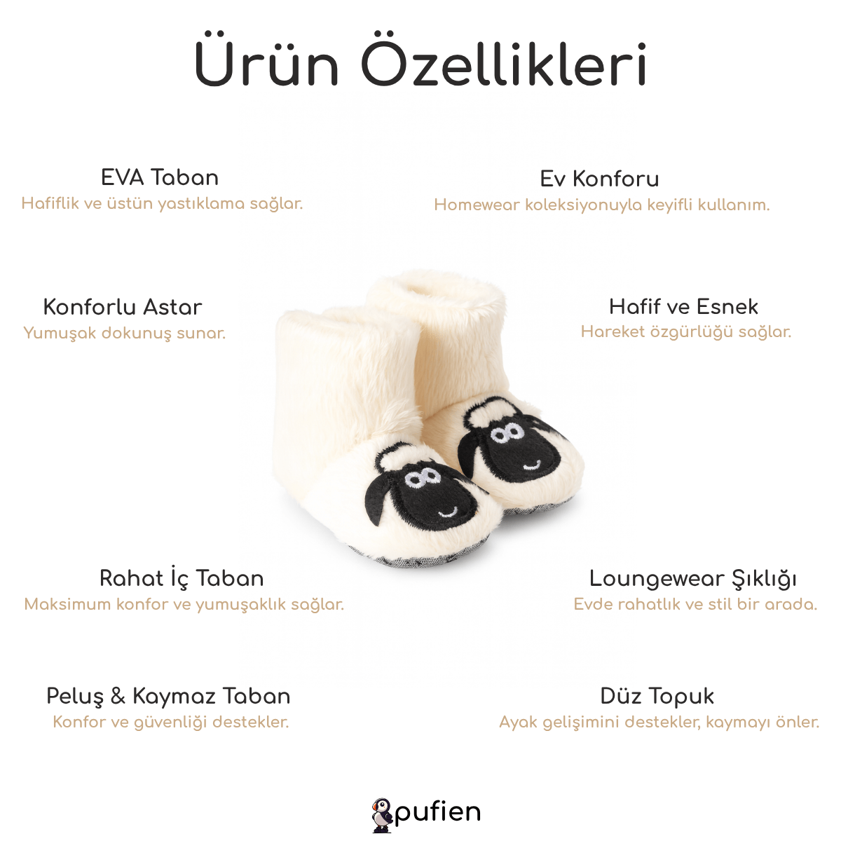 Kuzu Desenli Beyaz Nakışlı Ev Botu | Çocuklar için Ev Botu