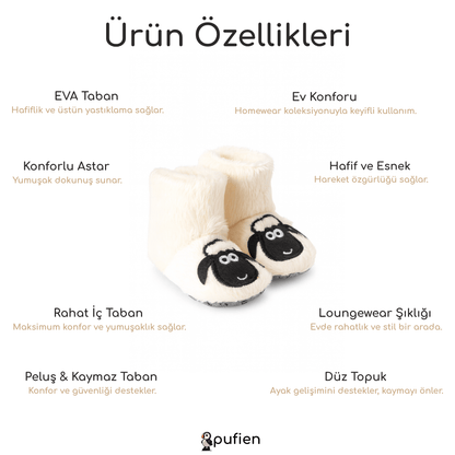 Kuzu Desenli Beyaz Nakışlı Ev Botu | Çocuklar için Ev Botu