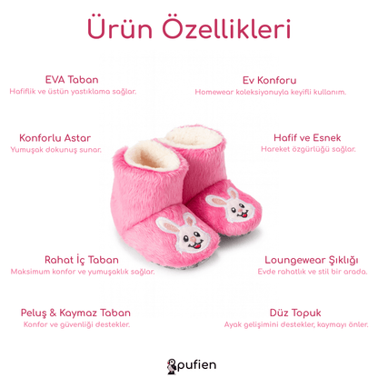 Tavşan Desenli Pembe Nakışlı Ev Botu | Çocuklar için Ev Botu