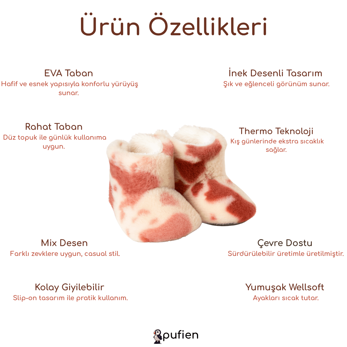 İnek Desenli Pembe Wellsoft Kışlık Ev Botu | Çocuklar için Ev Botu