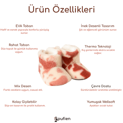 İnek Desenli Pembe Wellsoft Kışlık Ev Botu | Çocuklar için Ev Botu