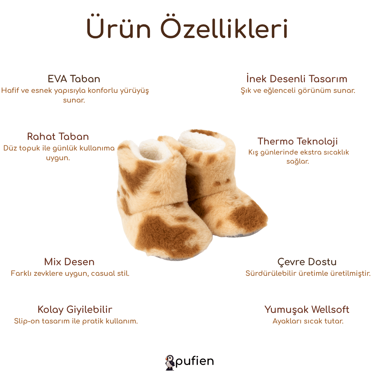 İnek Desenli Bej Wellsoft Kışlık Ev Botu