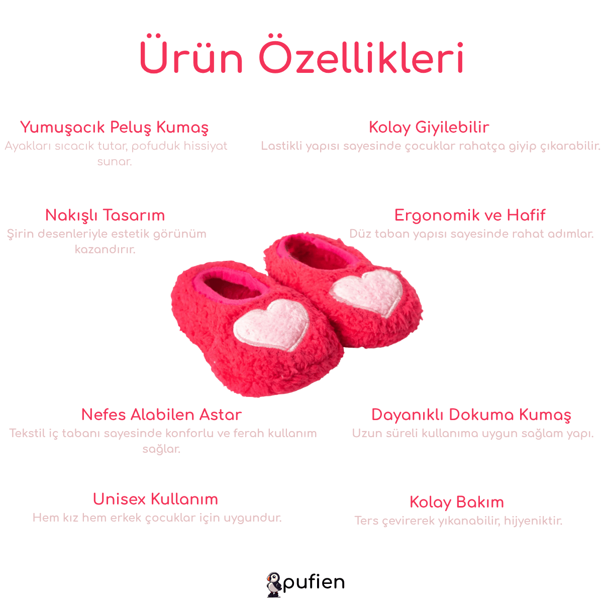 Kalp Desenli Wellsoft Peluş Ev Patiği