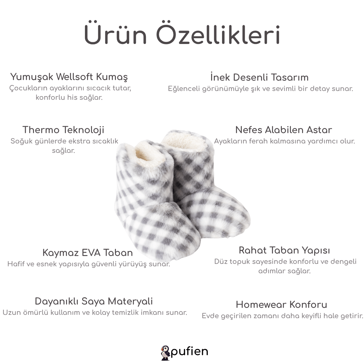 Kışlık Peluş Panduf Bot - Gri | Çocuklar için Ev Botu