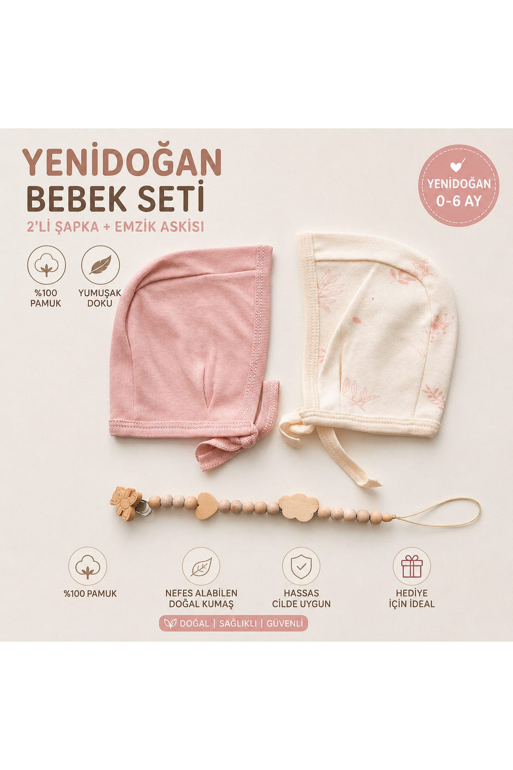 Bebek 2'li Şapka Seti, Ahşap Emzik Askısı Hediyeli — Pembe