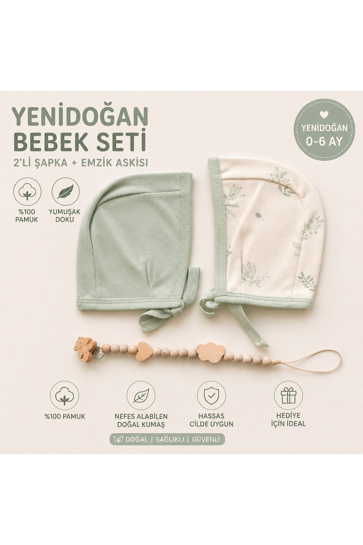 Bebek 2'li Şapka Seti, Ahşap Emzik Askısı Hediyeli — Yeşil