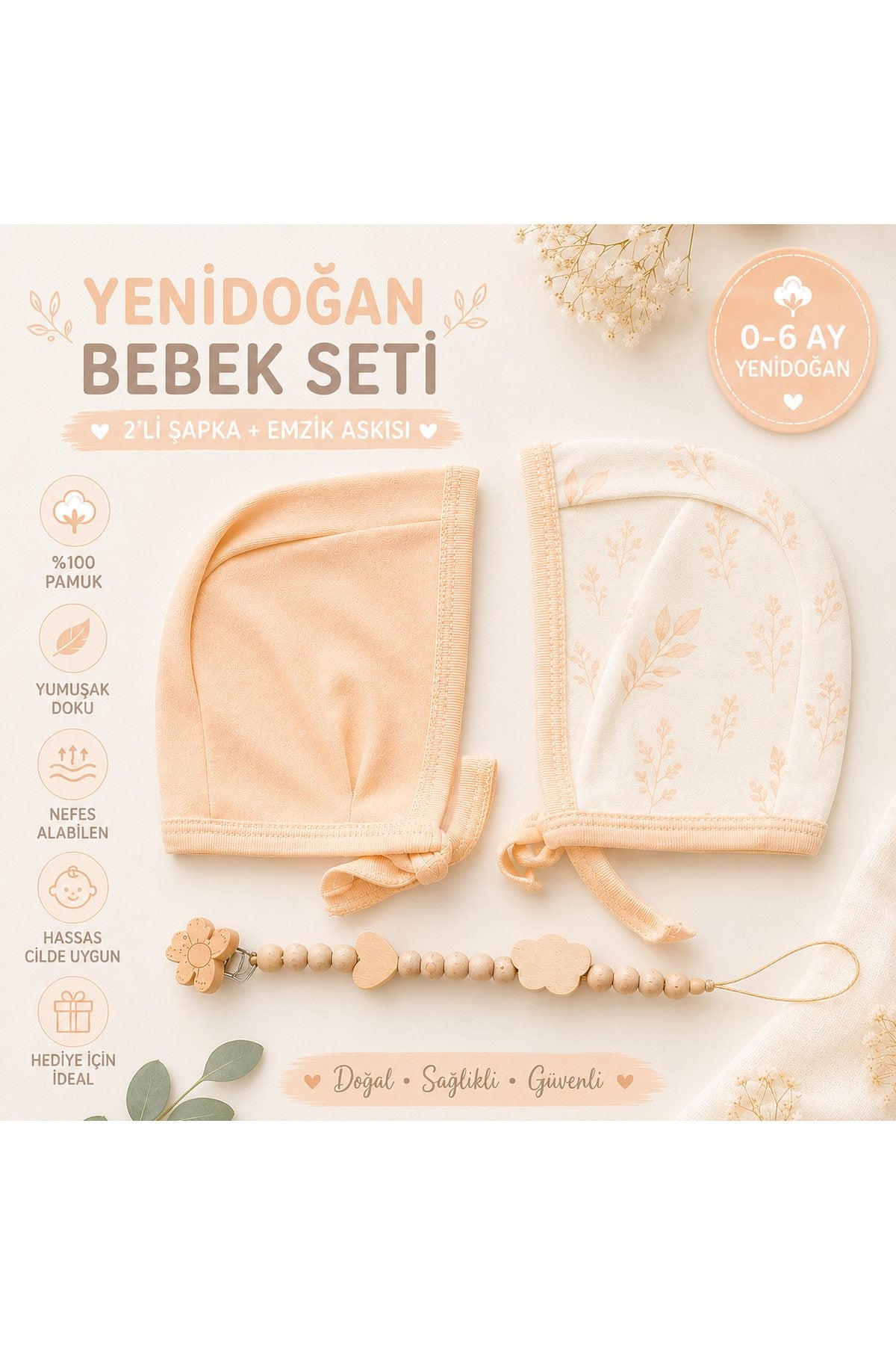 Bebek 2'li Şapka Seti, Ahşap Emzik Askısı Hediyeli