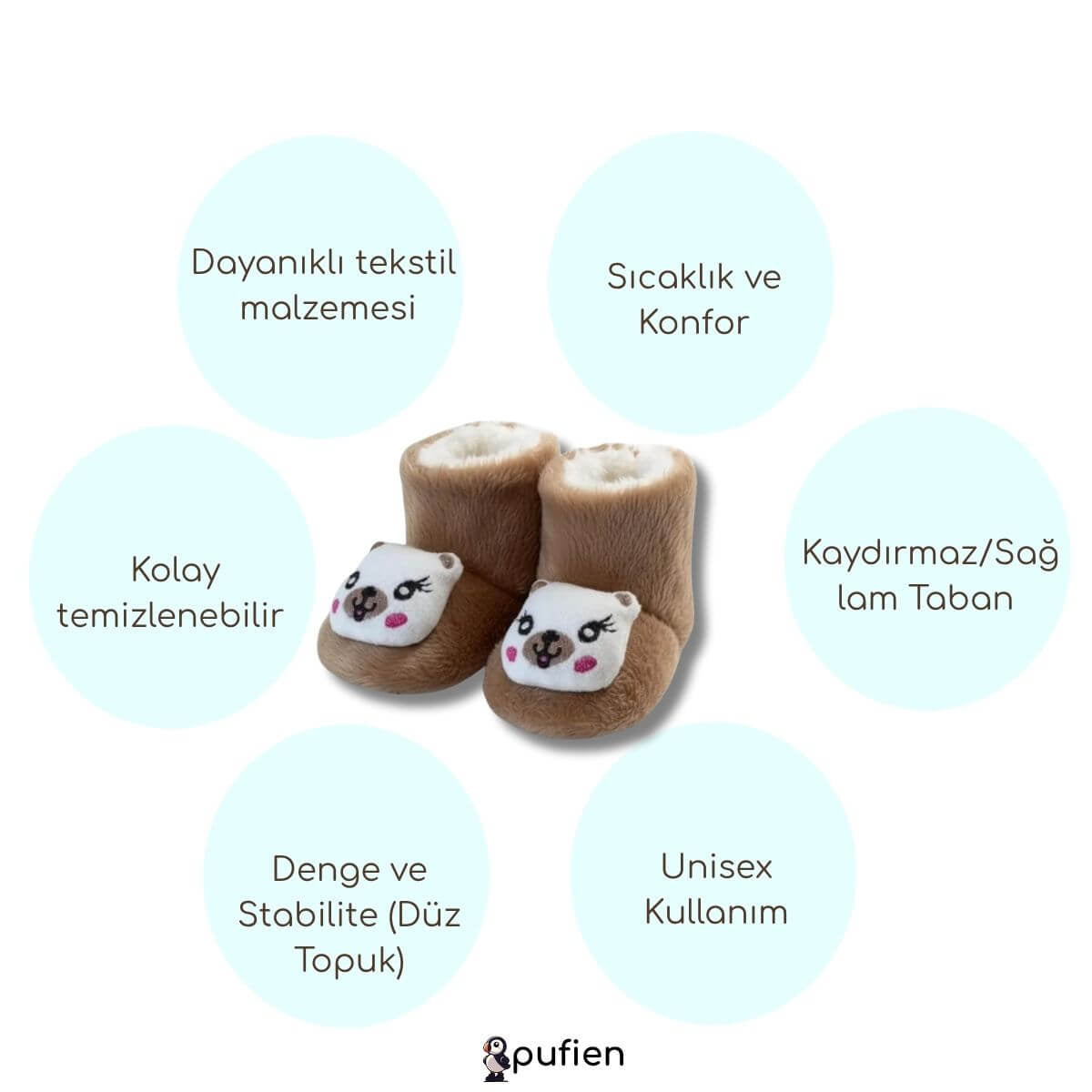 Bej Panda Desenli Peluş Ev Botu - Pufien