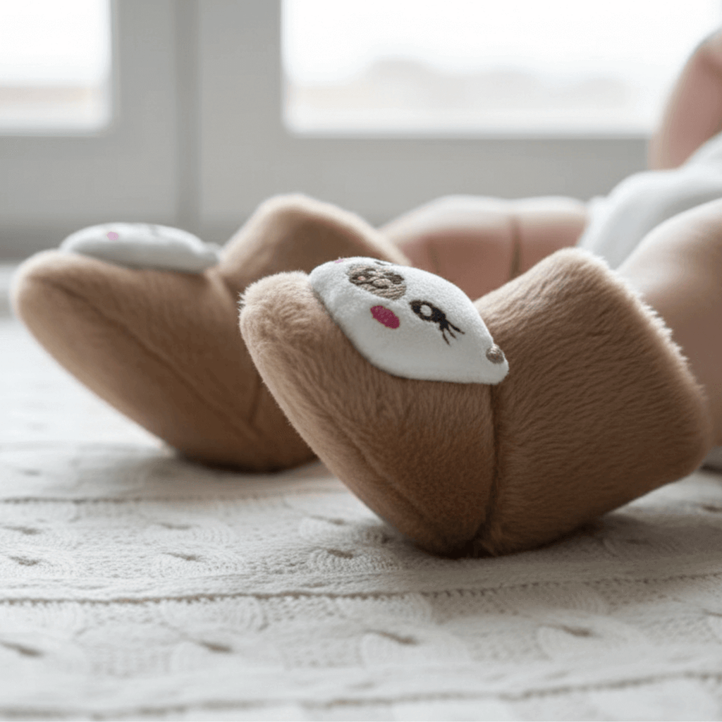 Bej Panda Desenli Peluş Ev Botu - Pufien