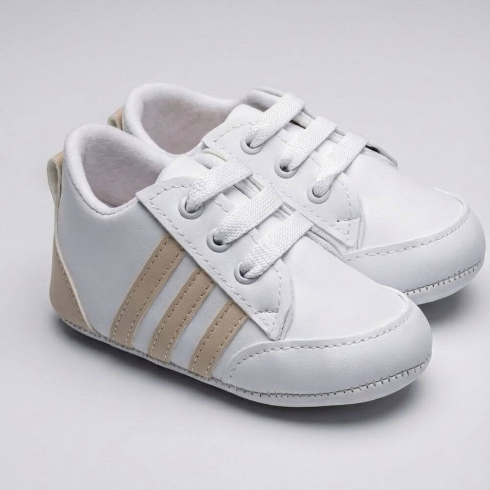 Bej Beyaz Yeşil Çizgili Bağcıklı Bebek Sneaker Ayakkabı