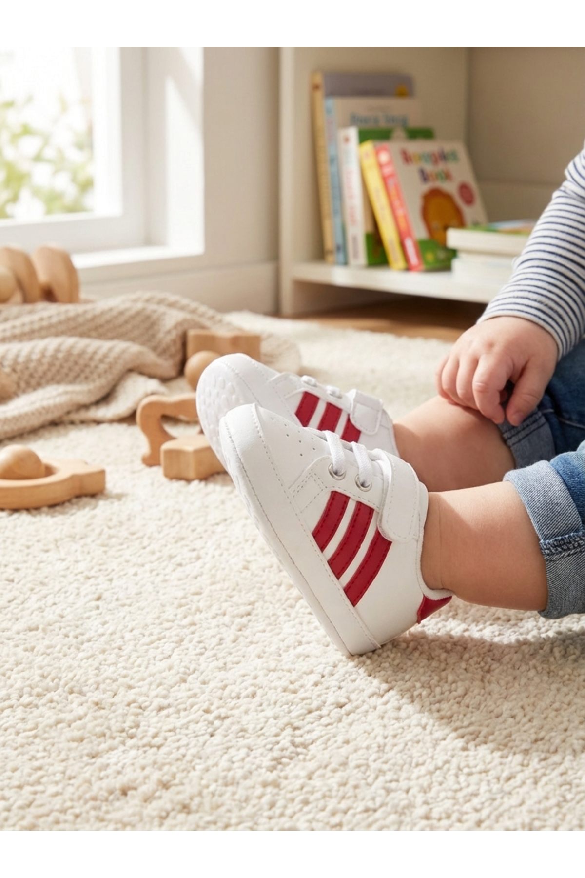 Beyaz Çizgili Cırt Cırtlı Bebek Spor Ayakkabı — Kırmızı